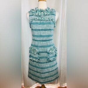 Tory Burch Tweed Fringe Shift Dress Turquoise White Size 2 Sleeveless Pockets